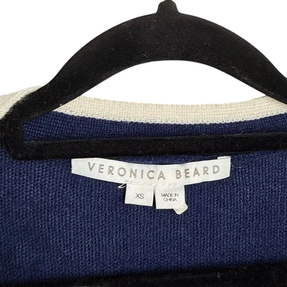 Veronica Beard Navy Blue Cream Trim Cashmere Preppy Cozy V Neck Sweater XS
